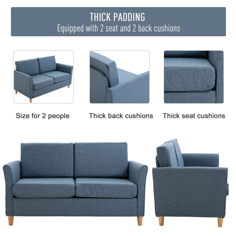 HOMCOM Linen Upholstery 2-Seater Corner Sofa w/ Wooden Legs Blue