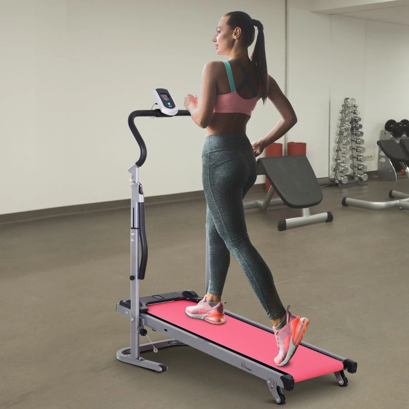 HOMCOM Non-Motorised Manual Treadmill Cardio Fitness Training Foldable Machine w/ Incline Slope LCD Monitor Display Black Silver