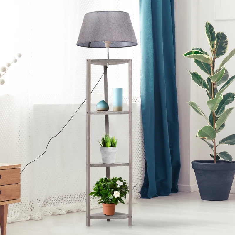HOMCOM Free Standing Floor Lamp Bedside Light Wooden Holder Storage Shelf Shade Grey