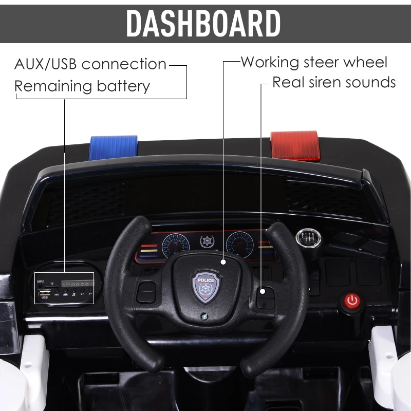 HOMCOM Kids Electric Ride-On Police Car w/ Lights Horn Music Player Seatbelt Parental Remote Control 6V Black