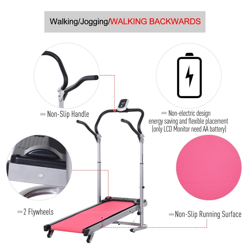 HOMCOM Non-Motorised Manual Treadmill Cardio Fitness Training Foldable Machine w/ Incline Slope LCD Monitor Display Black Silver