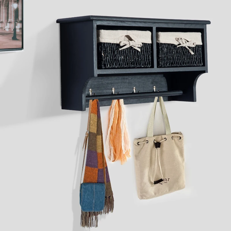 HOMCOM Wall Mounted Cabinet Hallway Storage Unit Shelf w/Wicker Basket Coat Hooks Black