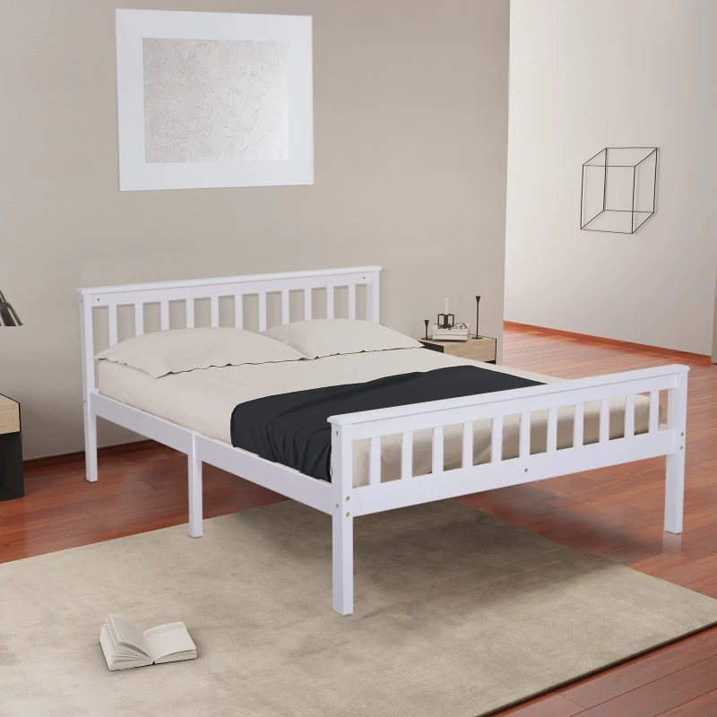 HOMCOM Double Bed Solid Pine Wooden Frame, 208L x 143W x 82Hcm-White and Oak