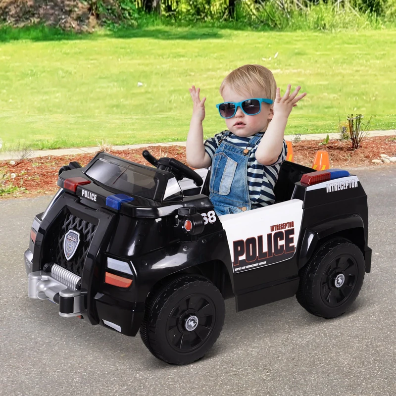 HOMCOM Kids Electric Ride-On Police Car w/ Lights Horn Music Player Seatbelt Parental Remote Control 6V Black