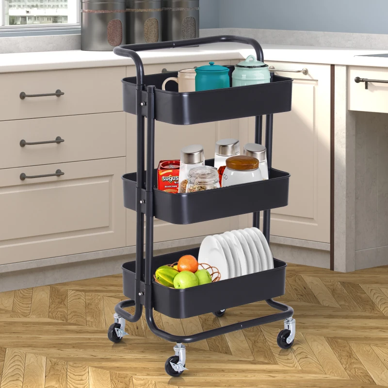 HOMCOM 3-Tier Rolling Storage Utility Serving Cart, 44Lx38Wx88Hcm-Black