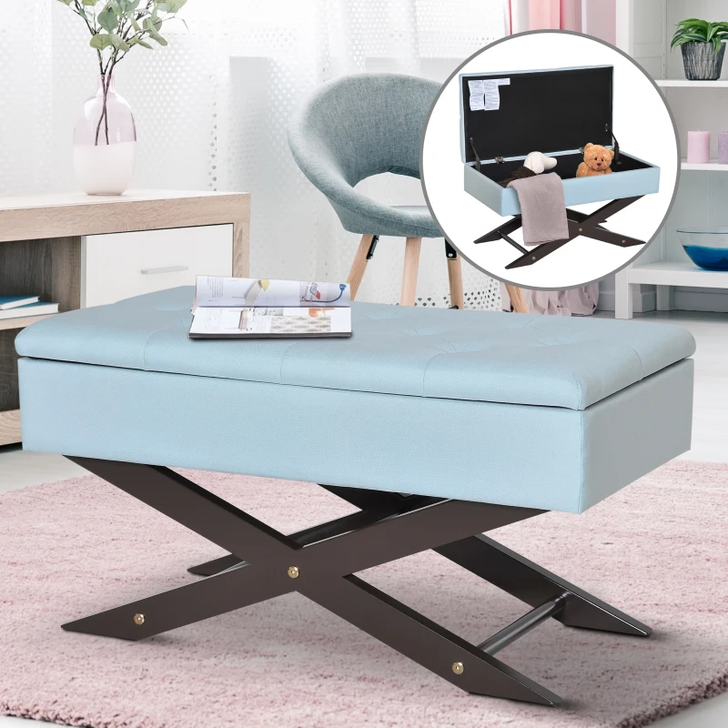 HOMCOM Storage Ottoman Bench Oxford Fabric Tufted Upholstered Seat X Leg 80cm Luke Green