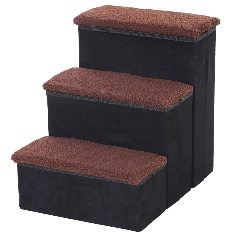 PawHut 3 Step Pet Stairs Foldable Portable Mobility Assistance w/ Washable Fleece Cover 41x19cm Black