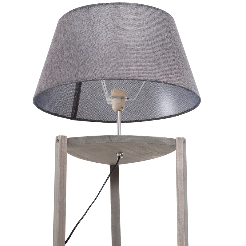 HOMCOM Free Standing Floor Lamp Bedside Light Wooden Holder Storage Shelf Shade Grey