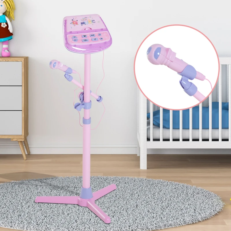 HOMCOM Kids Electronic Karaoke Microphone Stand Set-Pink