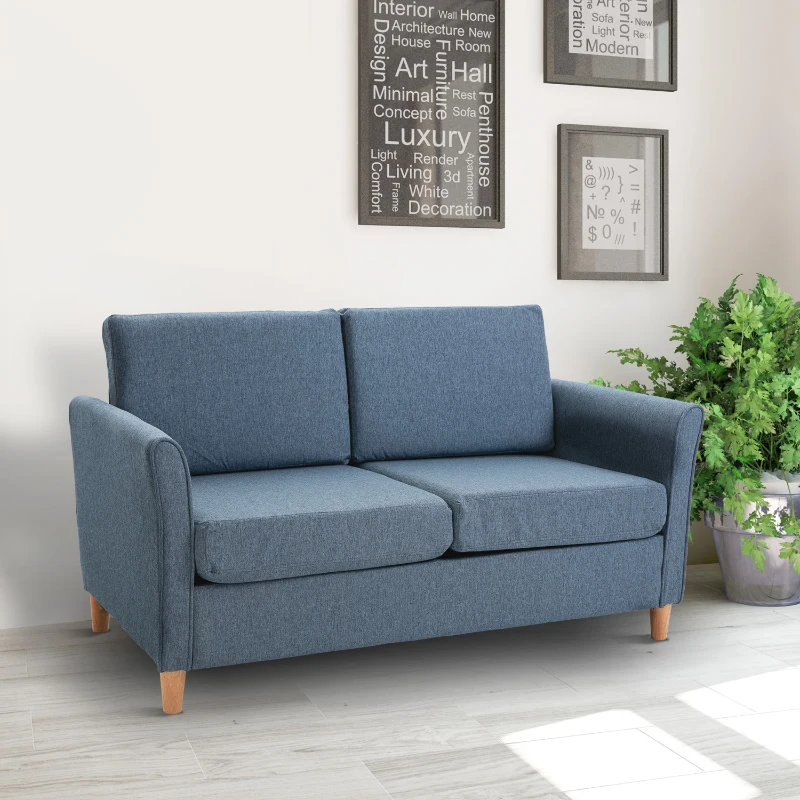 HOMCOM Linen Upholstery 2-Seater Corner Sofa w/ Wooden Legs Blue