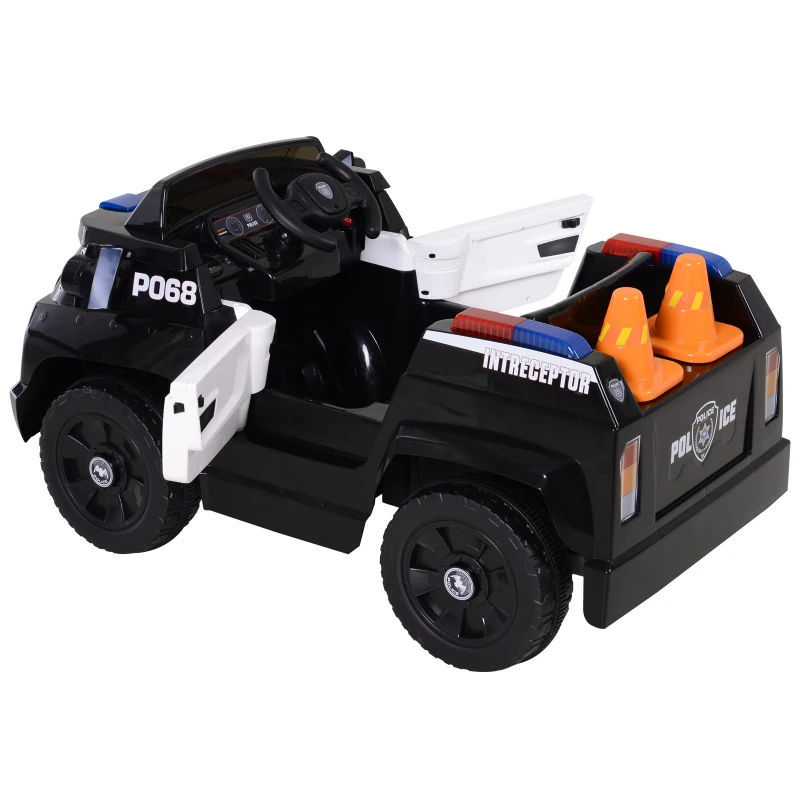 HOMCOM Kids Electric Ride-On Police Car w/ Lights Horn Music Player Seatbelt Parental Remote Control 6V Black