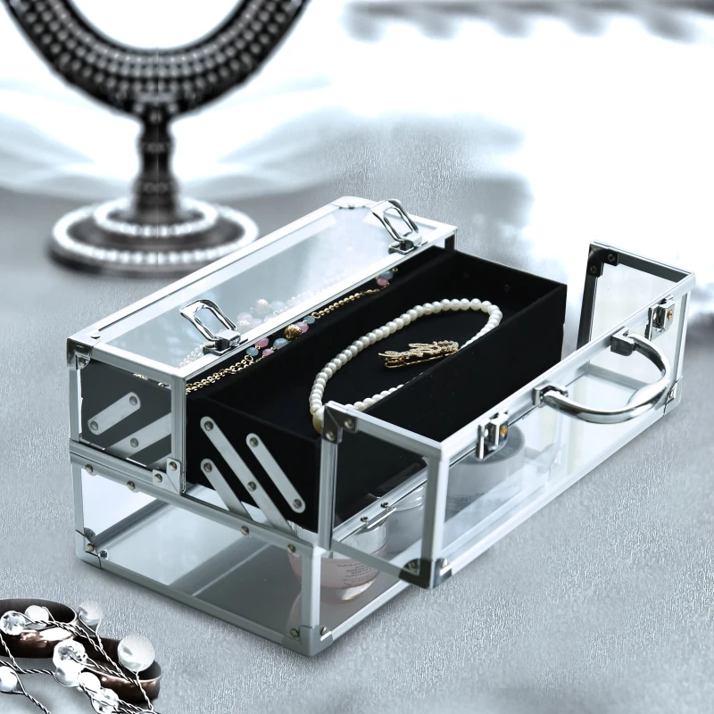 HOMCOM Makeup Cosmetic Case Lockable Storage Vanity Box Unit Lightweight  Acrylic & Aluminium Travel w/ 2 Keys Silver