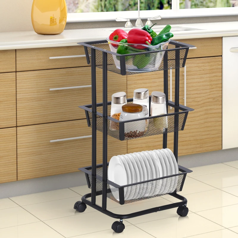 HOMCOM 3-Tier Rolling Storage Utility Serving Cart, 40Lx30Wx79Hcm-Black