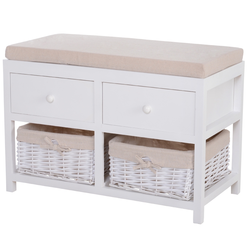 Storage Bench Cushion Seat w/ Two Woven Wicker Basket Drawers