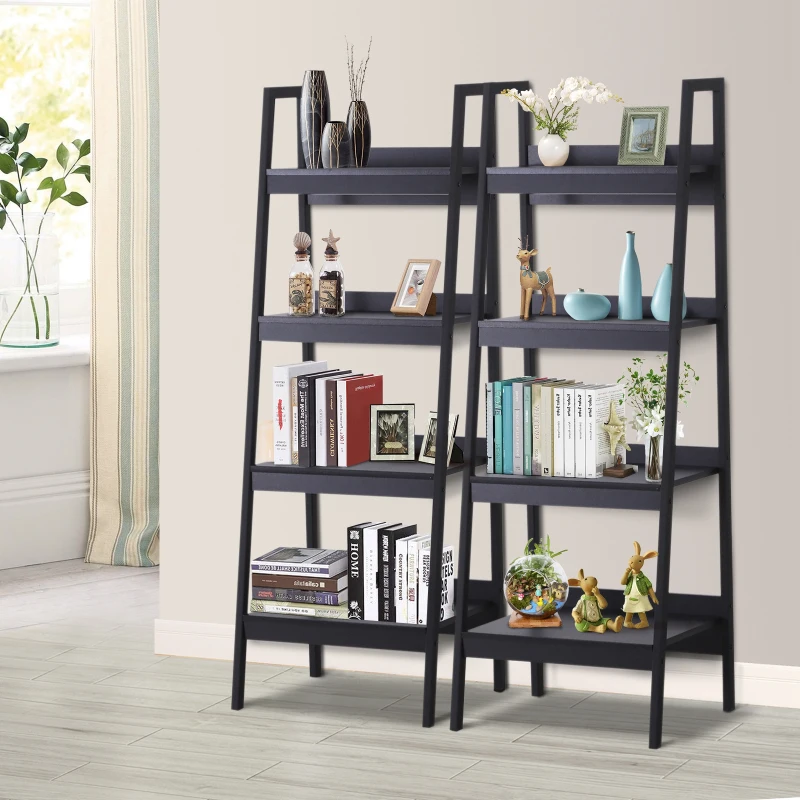 HOMCOM Set of 2 Bookshelf 4-Tier Ladder Bookcase Storage Rack Stand Plant Display Black