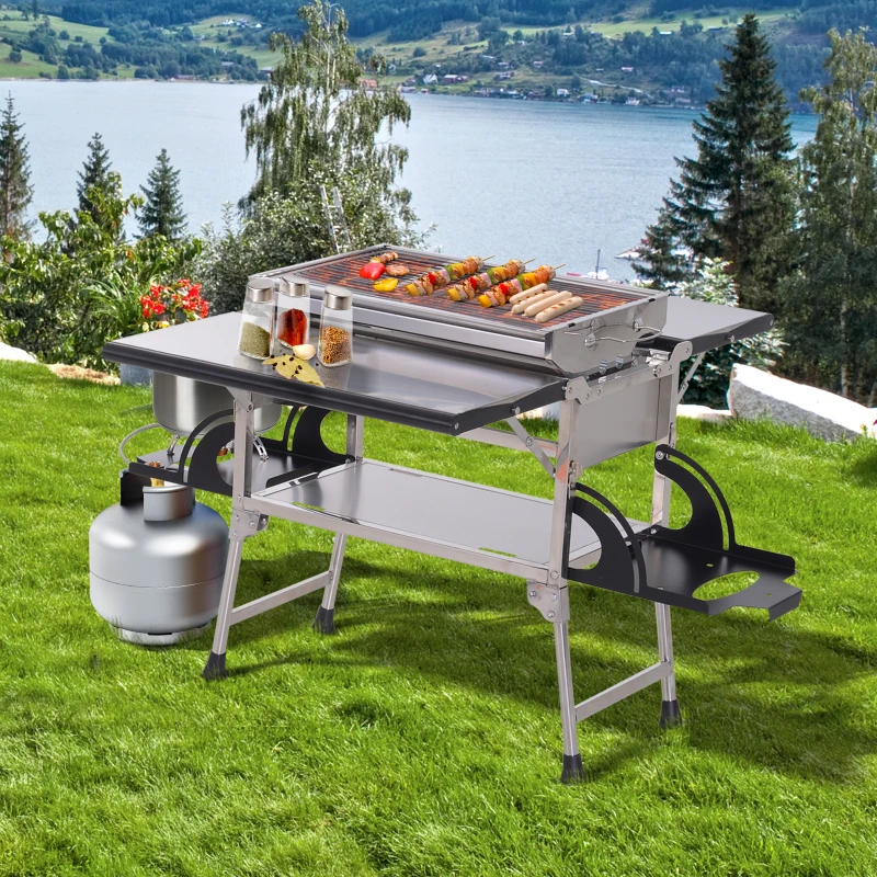 Outsunny Outdoor Picnic Kitchen Gas Burner BBQ Charcoal Grill Camp Table Foldable