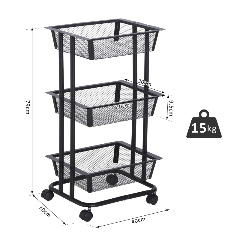 HOMCOM 3-Tier Rolling Storage Utility Serving Cart, 40Lx30Wx79Hcm-Black