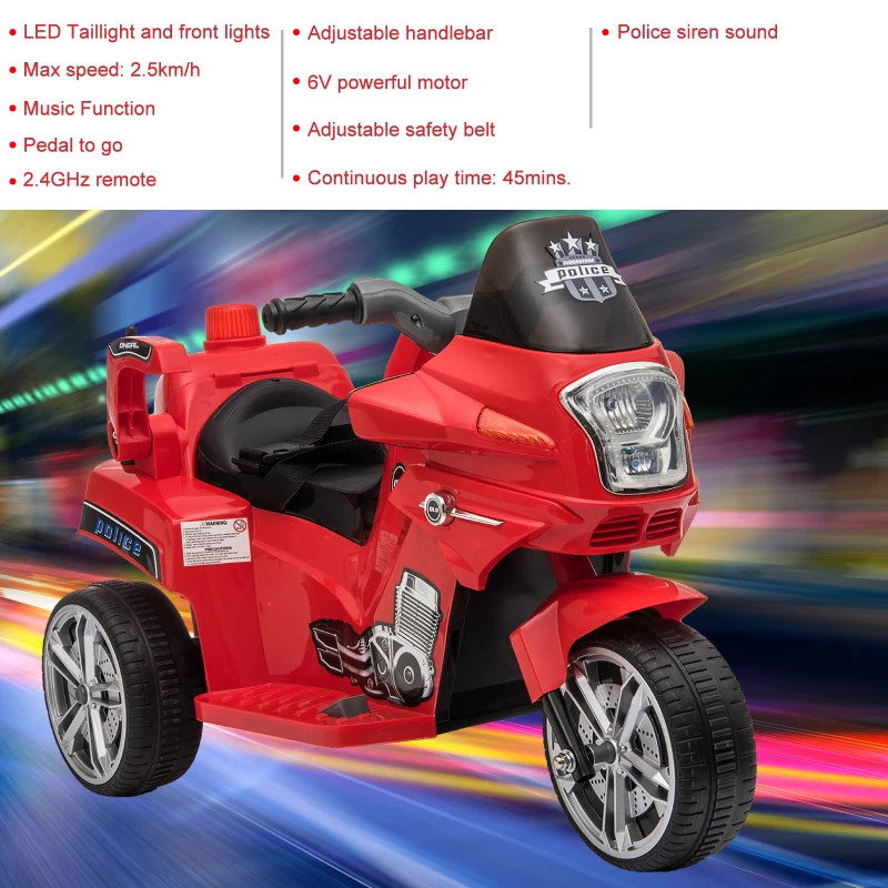 HOMCOM Remote Ride-On Motorcycle Bike Car Rechargeable Battery Forward Lights Music Player w/ Seat Belt Glossy Red