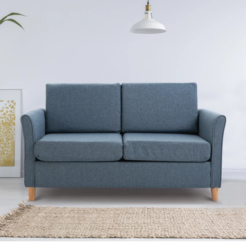HOMCOM Linen Upholstery 2-Seater Corner Sofa w/ Wooden Legs Blue