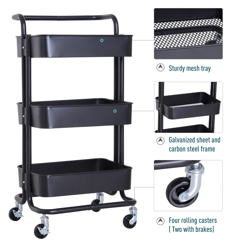 HOMCOM 3-Tier Rolling Storage Utility Serving Cart, 44Lx38Wx88Hcm-Black