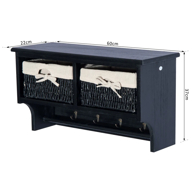 HOMCOM Wall Mounted Cabinet Hallway Storage Unit Shelf w/Wicker Basket Coat Hooks Black