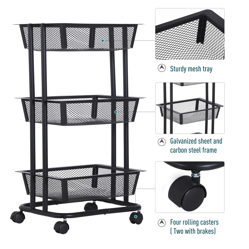 HOMCOM 3-Tier Rolling Storage Utility Serving Cart, 40Lx30Wx79Hcm-Black