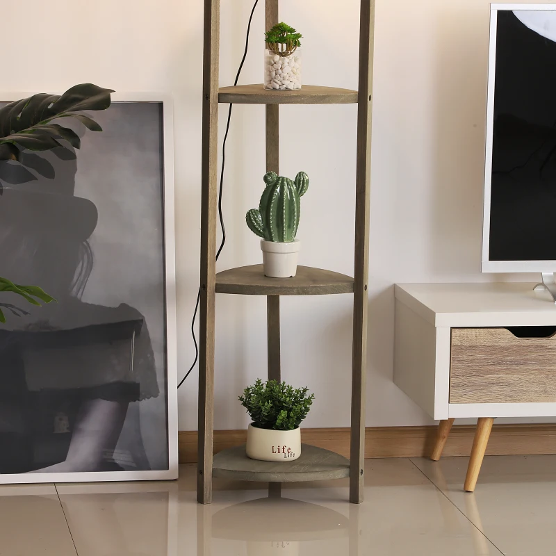 HOMCOM Free Standing Floor Lamp Bedside Light Wooden Holder Storage Shelf Shade Grey