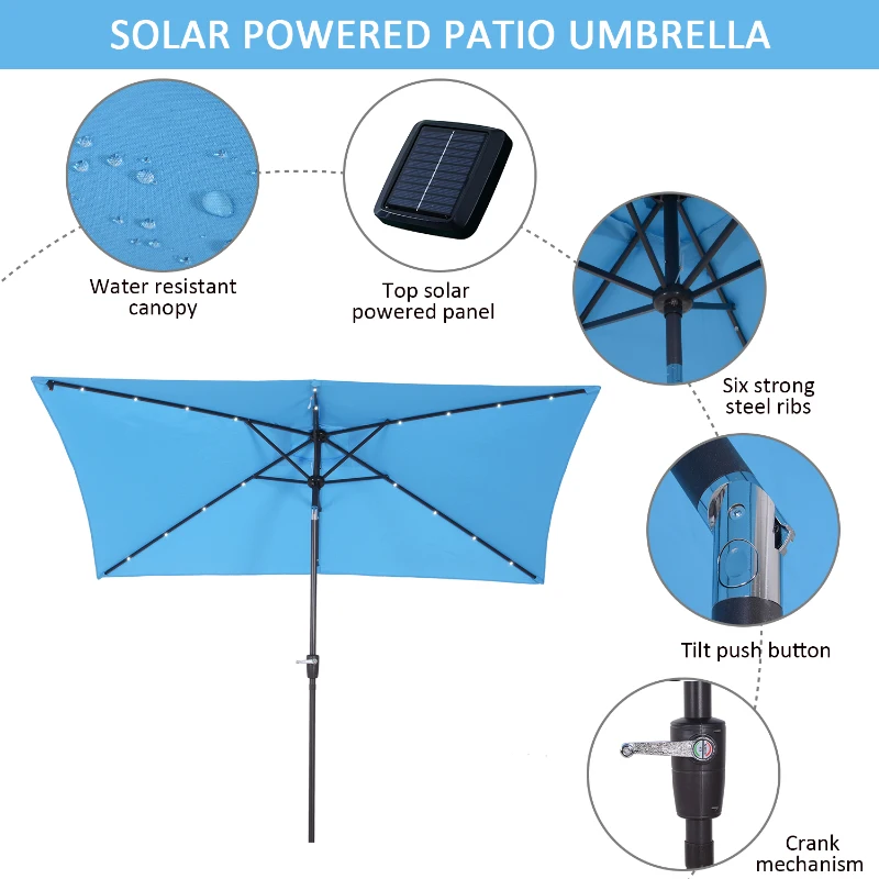 Outsunny Patio Parasol Sun Umbrella Solar LED Lit, 195Lx295Wx240Hcm-Blue
