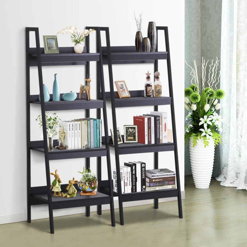 HOMCOM Set of 2 Bookshelf 4-Tier Ladder Bookcase Storage Rack Stand Plant Display Black