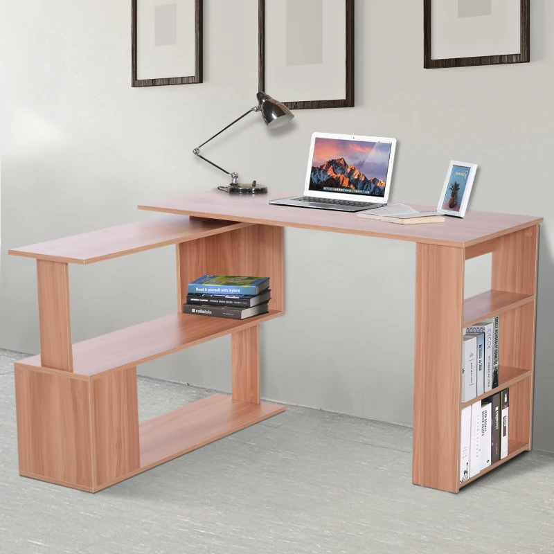 HOMCOM 360° Rotating L-Shaped Corner Desk Storage Shelf Combo