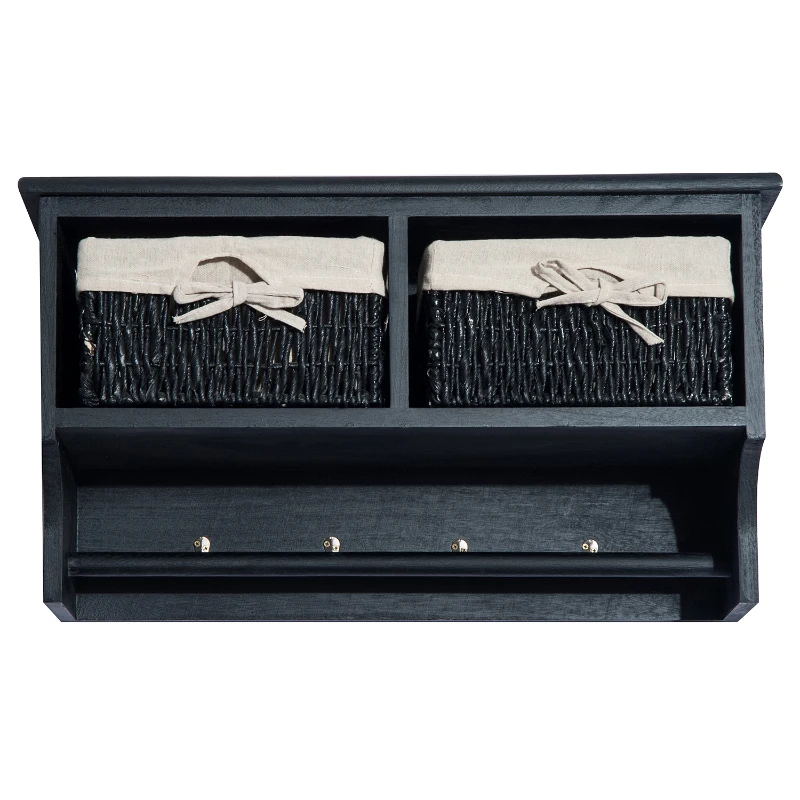 HOMCOM Wall Mounted Cabinet Hallway Storage Unit Shelf w/Wicker Basket Coat Hooks Black