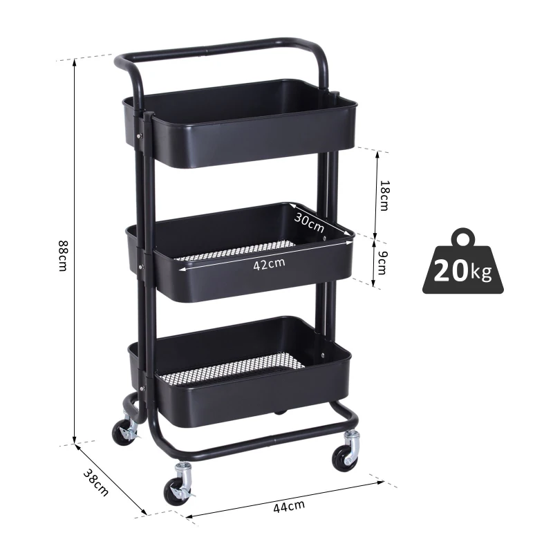 HOMCOM 3-Tier Rolling Storage Utility Serving Cart, 44Lx38Wx88Hcm-Black
