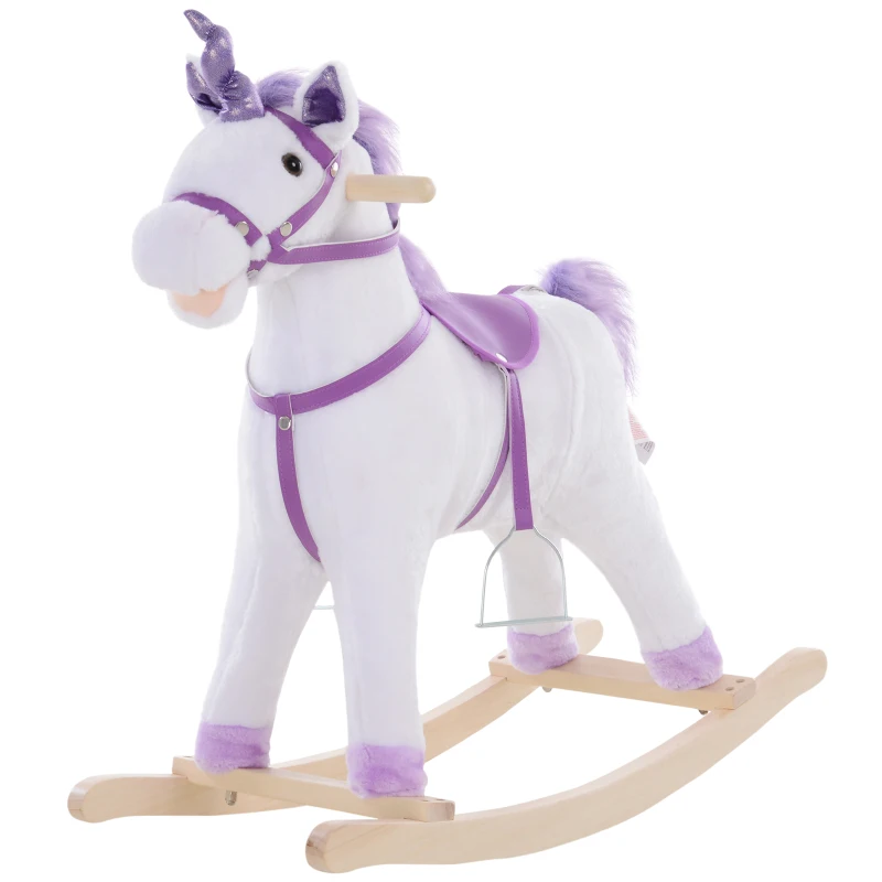HOMCOM Rocking Unicorn Horse Neigh Button Plush Safe Seat Handlebar Wood Base White Purple
