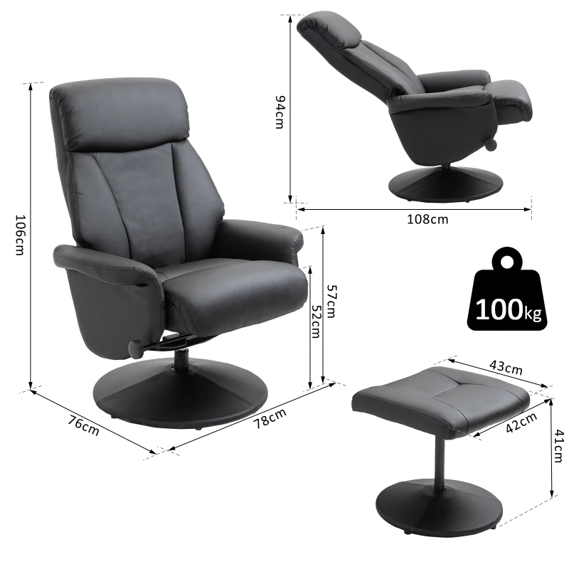 HOMCOM Recliner Armchair Swivel Executive Chair w/ Footrest Stool PU Leather Black