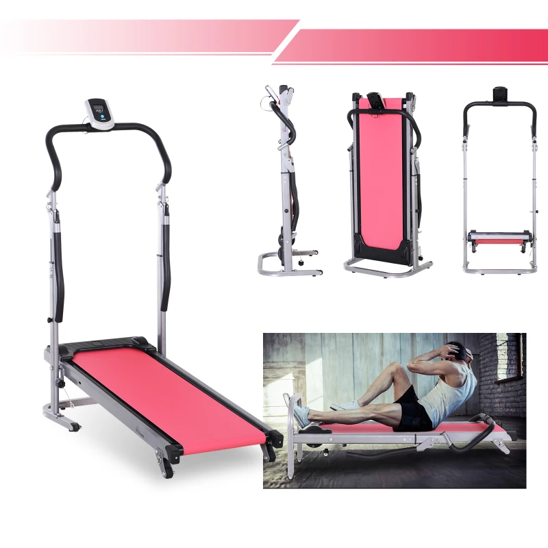 HOMCOM Non-Motorised Manual Treadmill Cardio Fitness Training Foldable Machine w/ Incline Slope LCD Monitor Display Black Silver