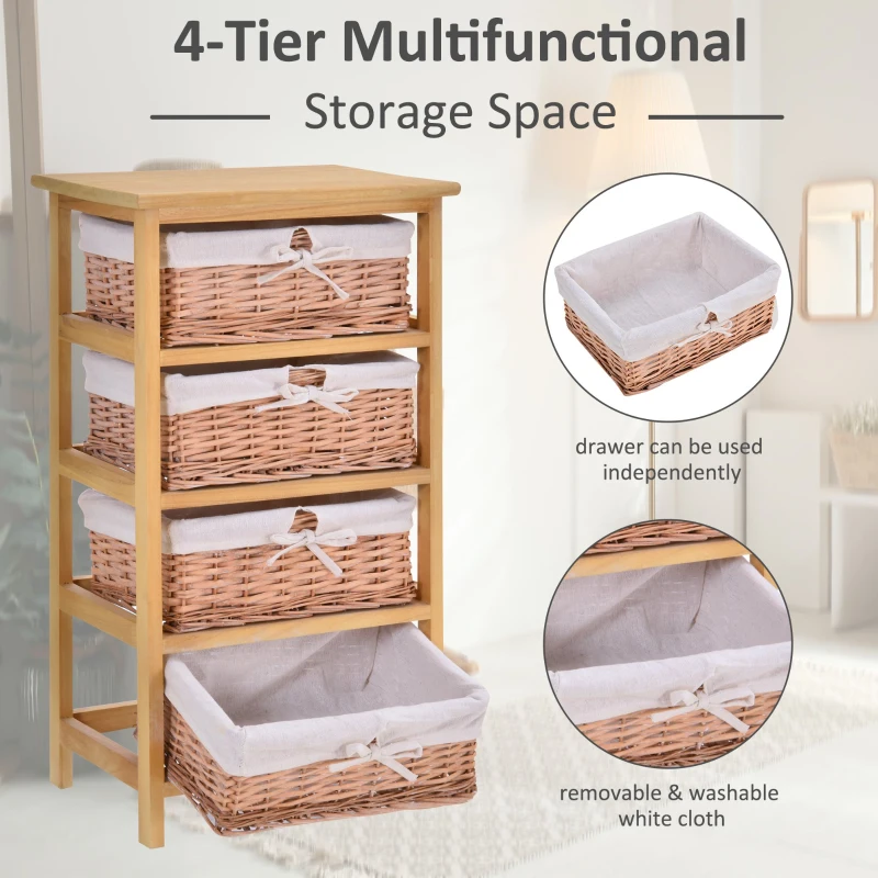 HOMCOM 4 Drawer Dresser Wicker Basket Storage Shelf Unit Wooden Frame Home Organisation Cabinet Bedroom Office Furniture Natural Finish
