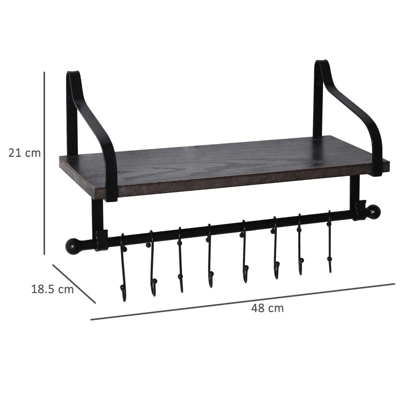 HOMCOM 21x48cm On-Wall Shelf & Rail 8 Hook Unit Metal Frame Wood Board Storage Grey