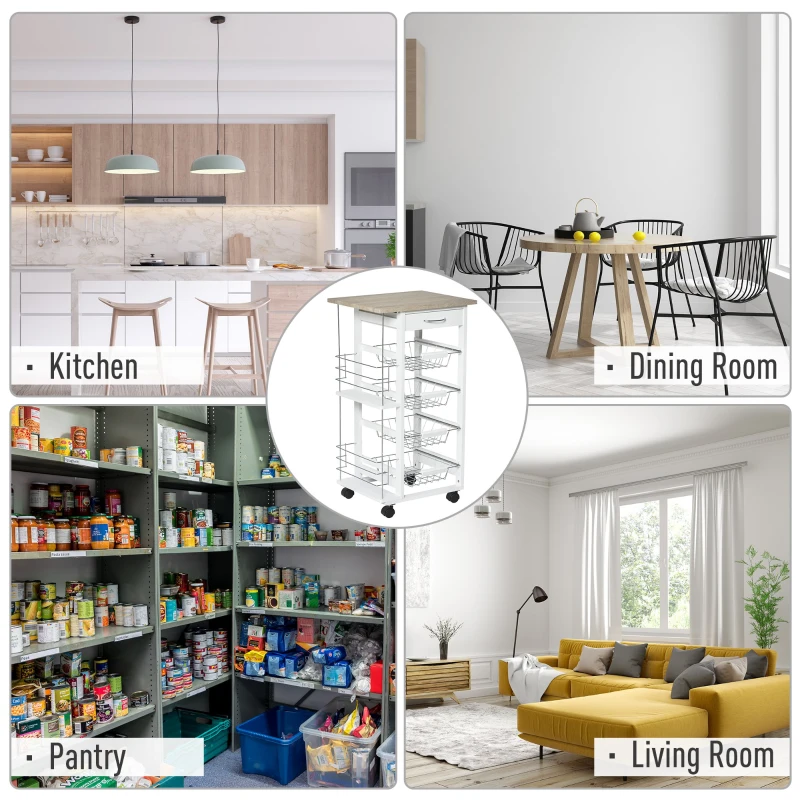 HOMCOM Multi-Use Kitchen Island Trolley w/ 4 Baskets 2 Side Racks Drawer Worktop White