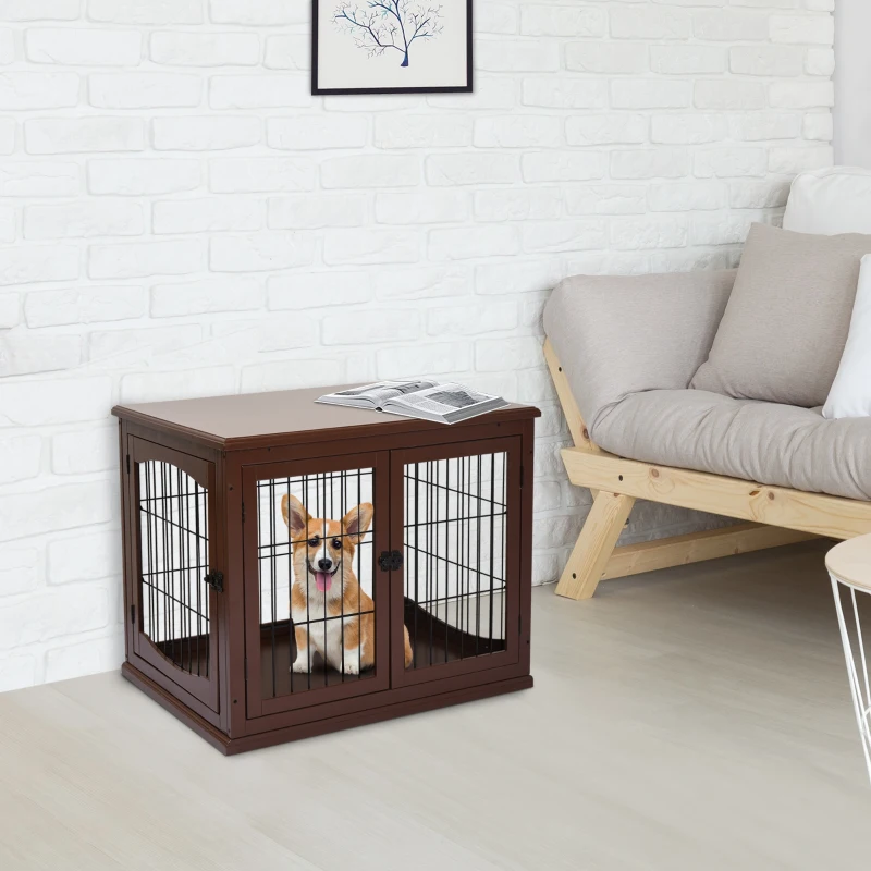 PawHut Small Dog Wooden Crate, 66cm Indoor w/ Metal Wire 3 Doors Latches Base Brown
