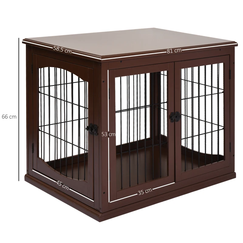PawHut Small Dog Wooden Crate, 66cm Indoor w/ Metal Wire 3 Doors Latches Base Brown