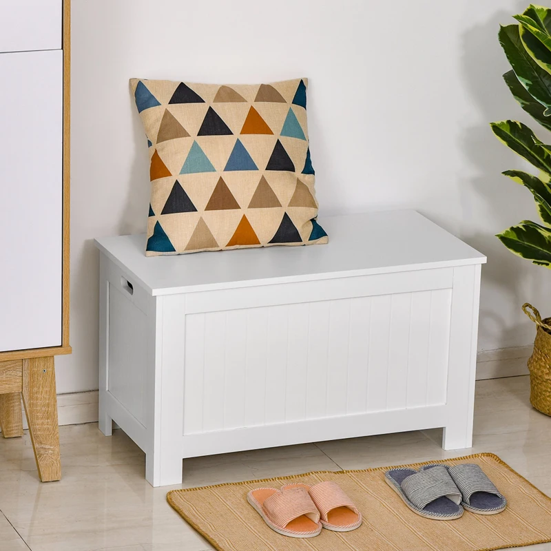 HOMCOM Lift Top Storage Chest Toy Box Organizer with Lid and Safety Hinges for Bedroom Entryway Living Room - White