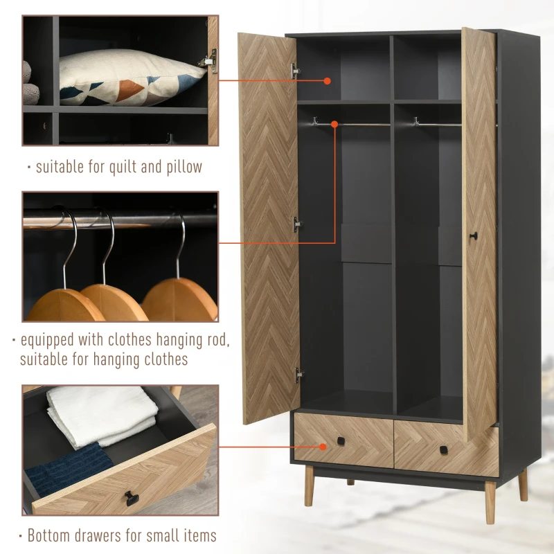 HOMCOM Cloth Wardrobe, Wood Grain Sticker Surface with Shelf, Hanging Rod and 2 Drawers 90x50x190cm