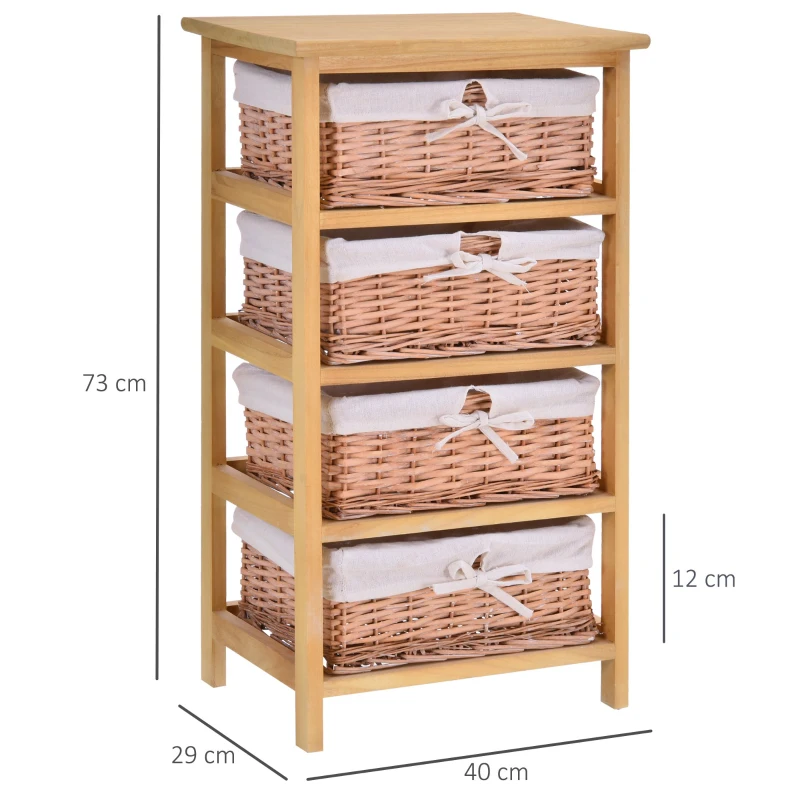 HOMCOM 4 Drawer Dresser Wicker Basket Storage Shelf Unit Wooden Frame Home Organisation Cabinet Bedroom Office Furniture Natural Finish