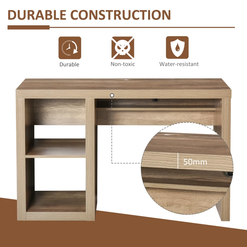 HOMCOM Rectangle Computer Desk Thick Board with Shelves Home Office Table, Wood Color
