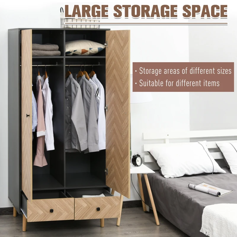 HOMCOM Cloth Wardrobe, Wood Grain Sticker Surface with Shelf, Hanging Rod and 2 Drawers 90x50x190cm