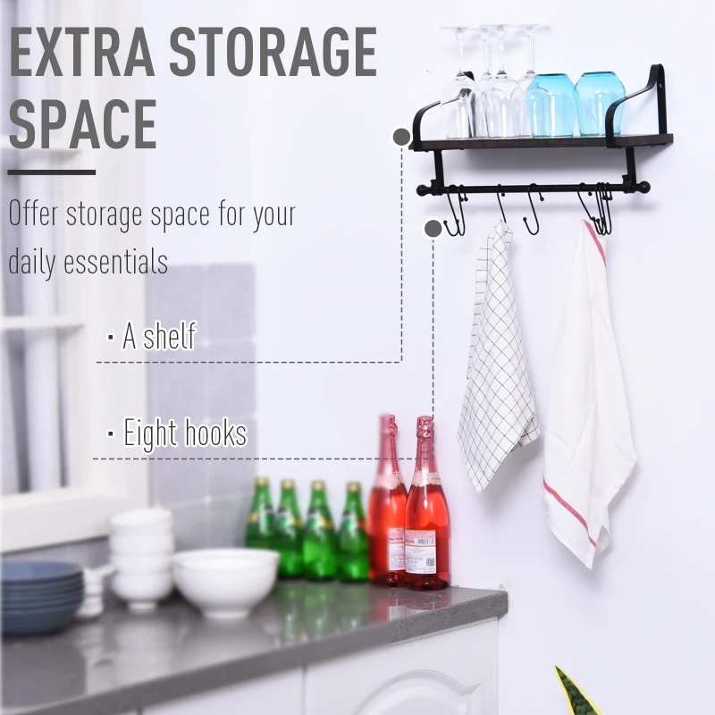 HOMCOM 21x48cm On-Wall Shelf & Rail 8 Hook Unit Metal Frame Wood Board Storage Grey