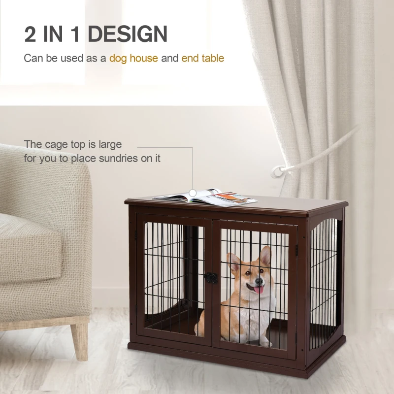 PawHut Small Dog Wooden Crate, 66cm Indoor w/ Metal Wire 3 Doors Latches Base Brown
