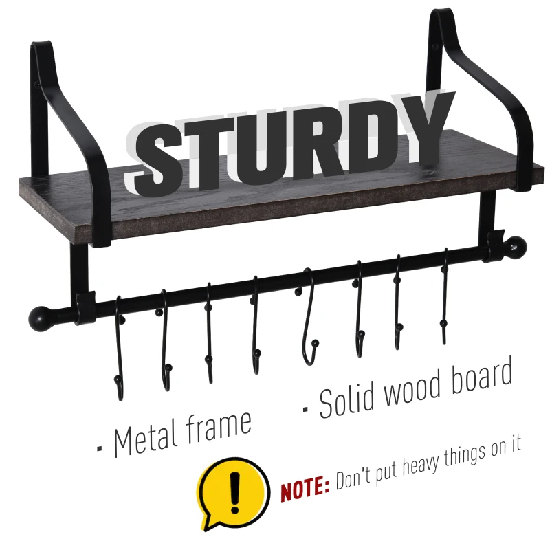 HOMCOM 21x48cm On-Wall Shelf & Rail 8 Hook Unit Metal Frame Wood Board Storage Grey