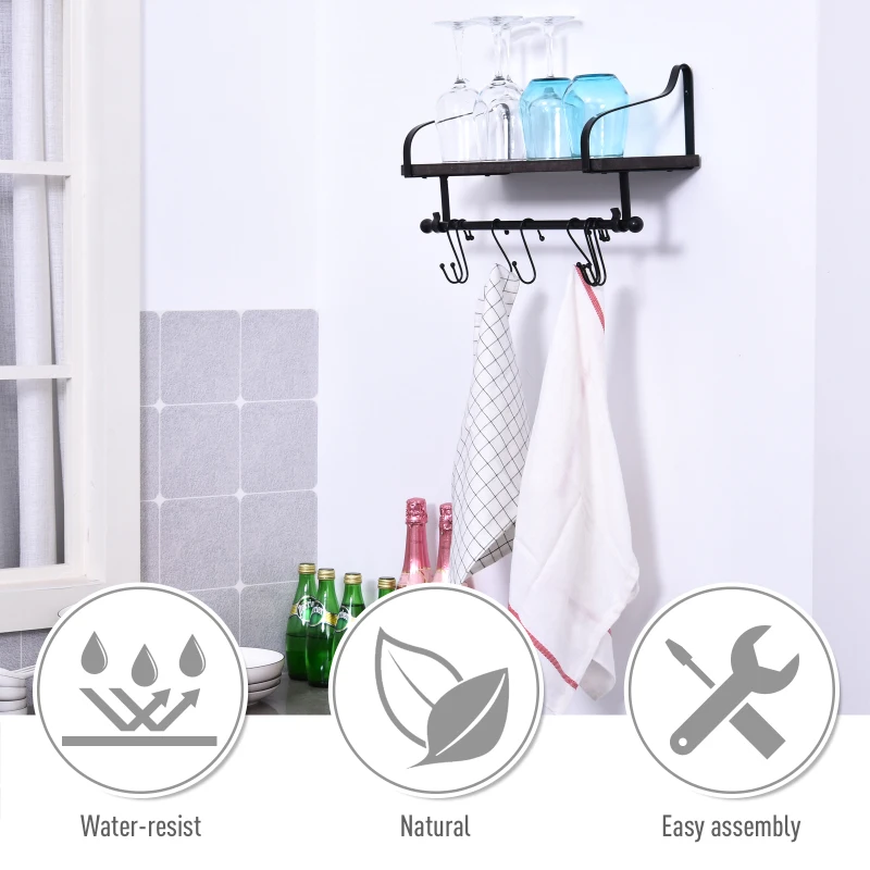 HOMCOM 21x48cm On-Wall Shelf & Rail 8 Hook Unit Metal Frame Wood Board Storage Grey