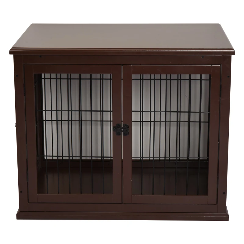 PawHut Small Dog Wooden Crate, 66cm Indoor w/ Metal Wire 3 Doors Latches Base Brown